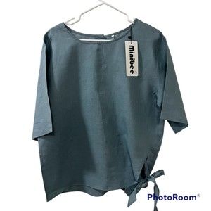 Minibee Linen Blend Dusty Blue Short Sleeve Bowknot Top Shirt Button Back Sz L